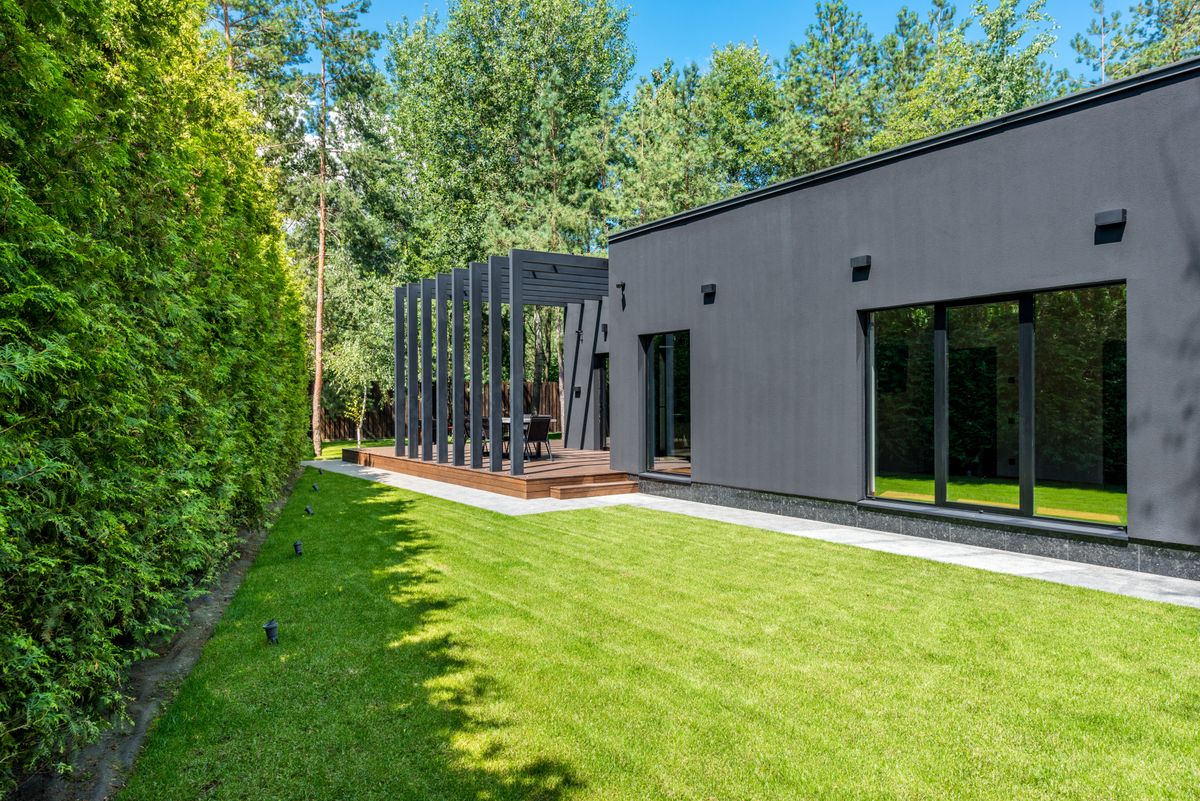 Illustrative stock photograph of a lawn and outdoor living space