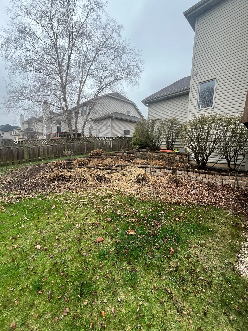 Cut-back plants and leaf debris beside tiered landscape beds