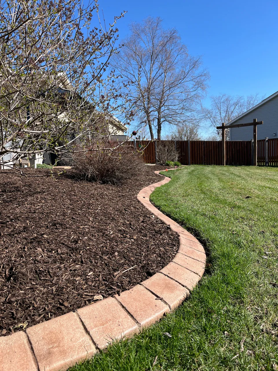 Curved backyard mulch bed with low block edging