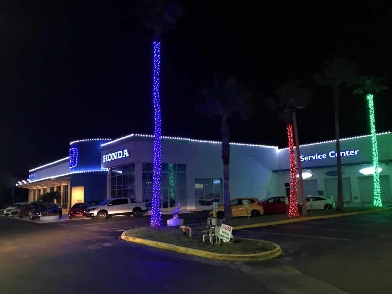 Palm trunks wrapped in colored lights outside a dealership