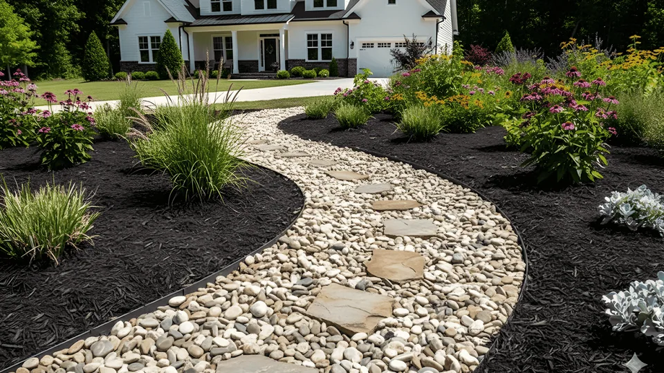 Stepping stones through a pale rock path between flowering landscape beds